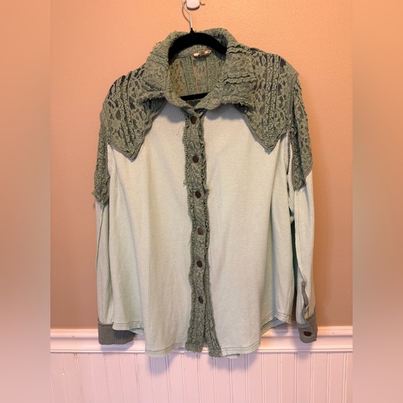 POL Lace Detail Knit Shacket in Mint Green - Picture 1 of 6
